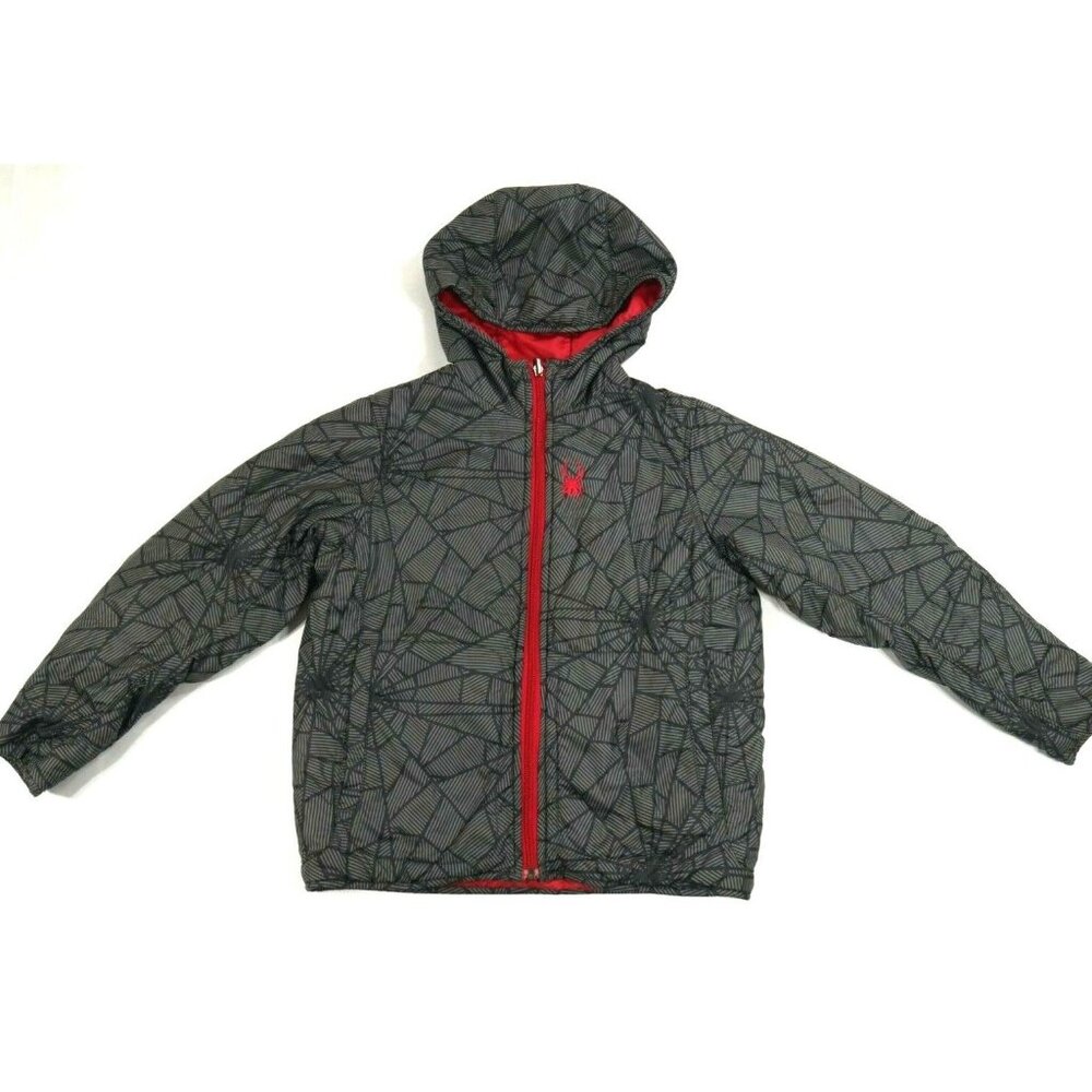 Spyder Full Zip Hooded Reversible Black Web Print Parka / Red Jacket Boys Medium
